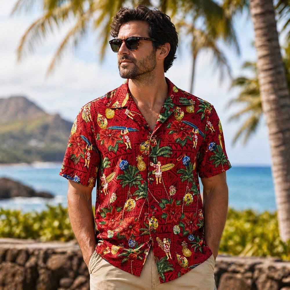 RJC Hawaiian Shirt Mens XL Red Mele Kalikimaka Surfing Santa Christmas Tropical‎